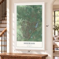 Sherwood, Arkansas map, 24 x 36 inch print in a white frame by a staircase