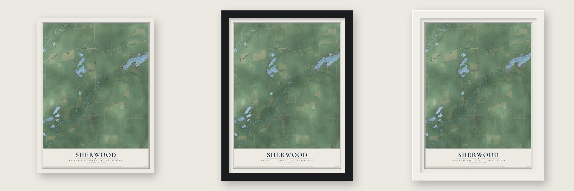 Sherwood, Branch County, Michigan map unframed, in a black wood frame and in a white wood frame