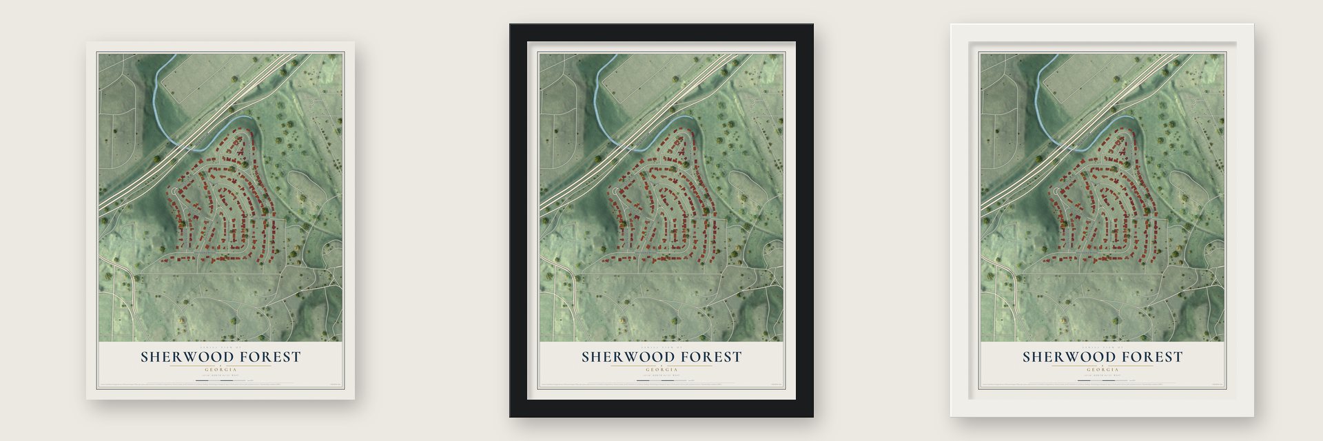 Sherwood Forest, Georgia map unframed, in a black wood frame and in a white wood frame