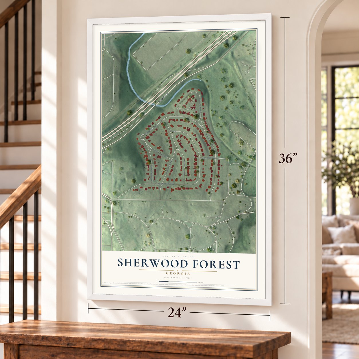 Sherwood Forest, Georgia map, 24 x 36 inch print in a white frame by a staircase
