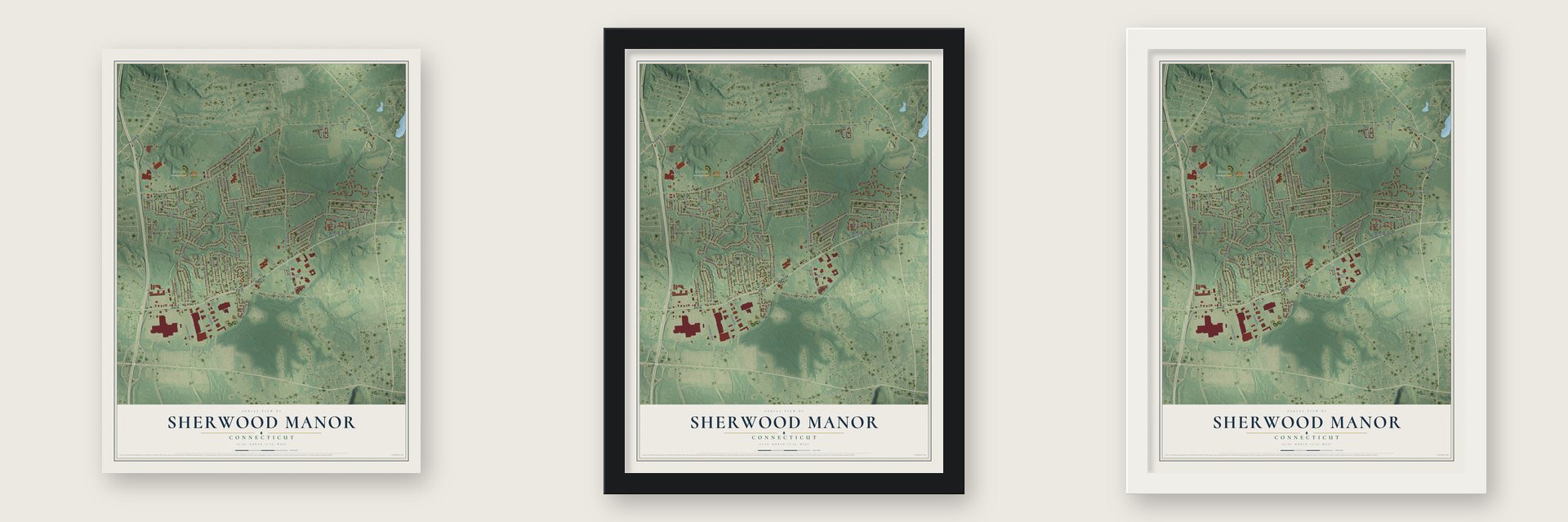 Sherwood Manor, Connecticut map unframed, in a black wood frame and in a white wood frame