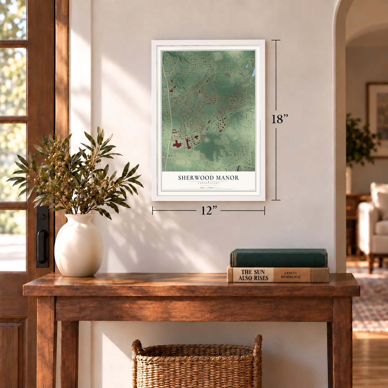 Sherwood Manor, Connecticut map, 12 x 18 inch print in a white frame in an entryway