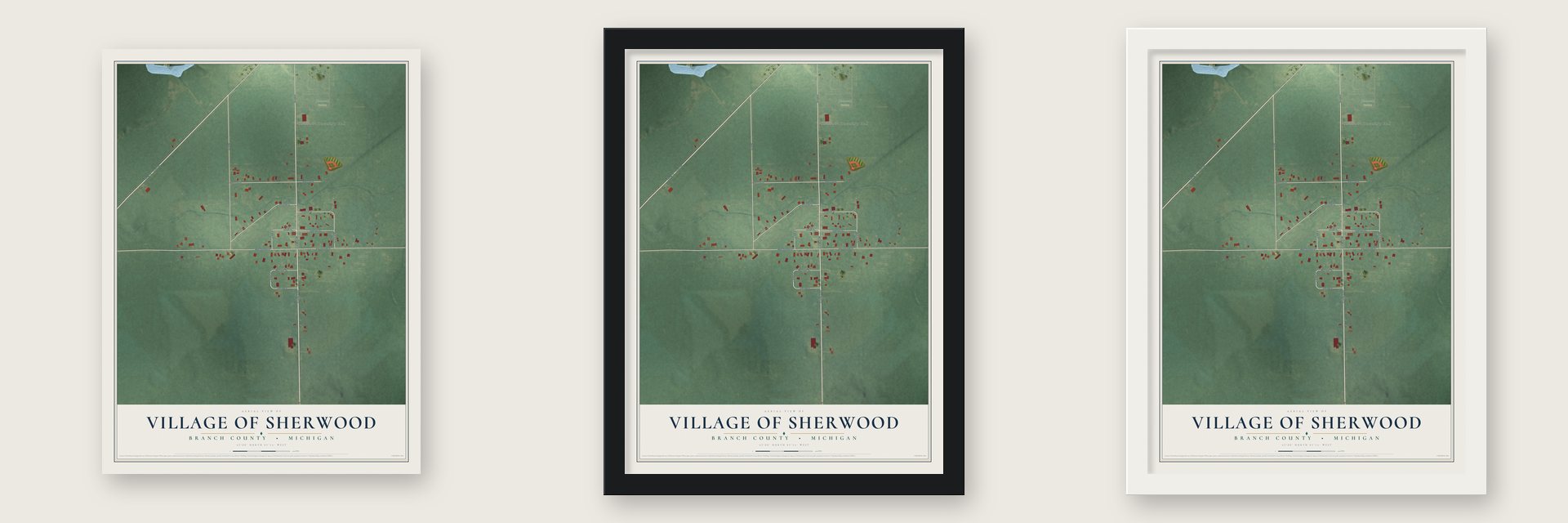 Sherwood, Michigan map unframed, in a black wood frame and in a white wood frame