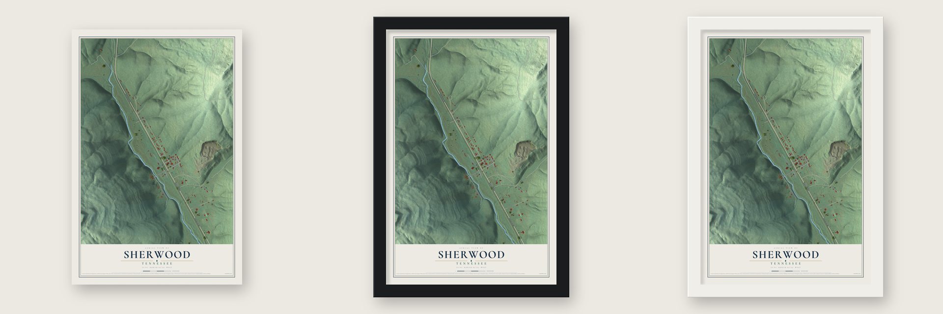 Sherwood, Tennessee map unframed, in a black wood frame and in a white wood frame