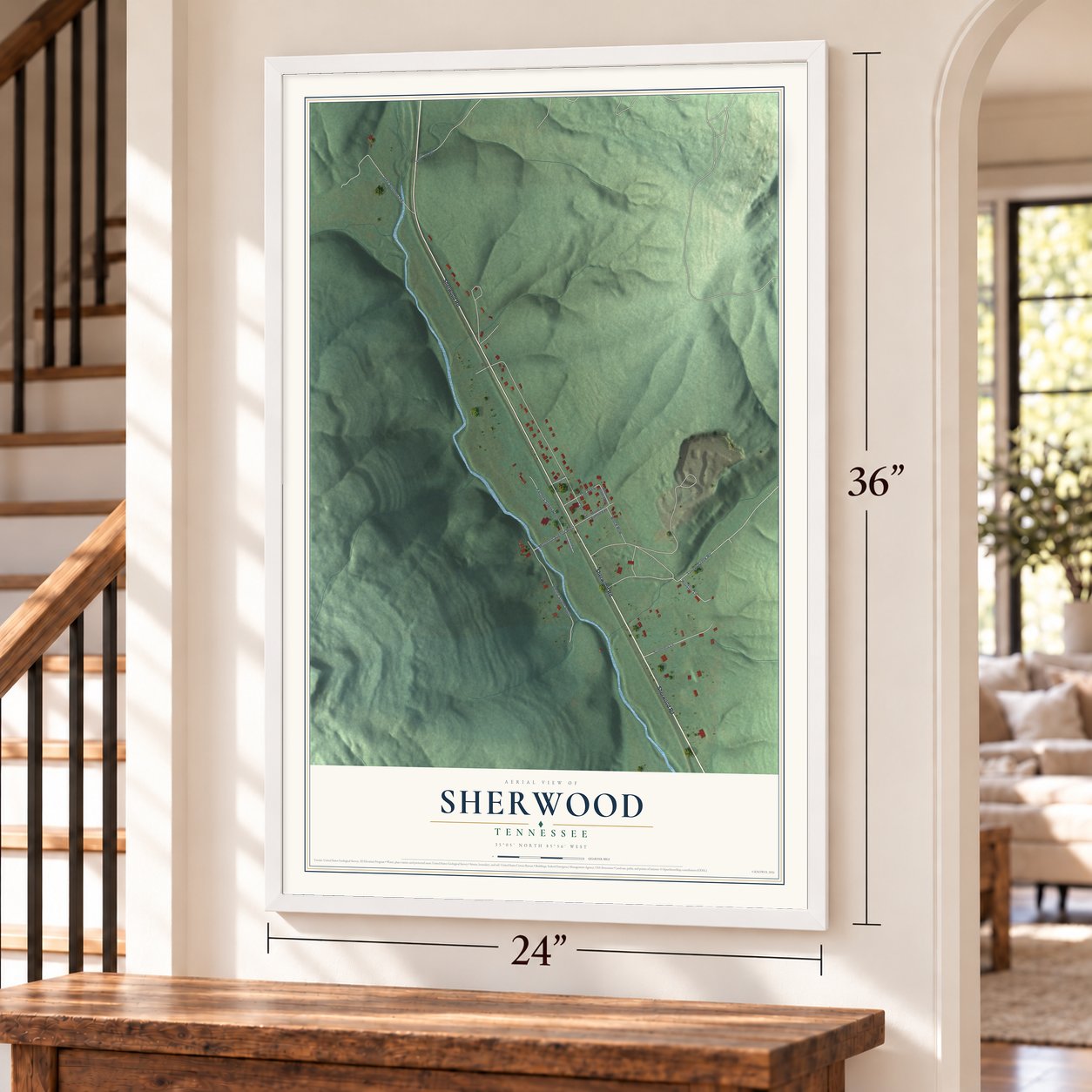 Sherwood, Tennessee map, 24 x 36 inch print in a white frame by a staircase