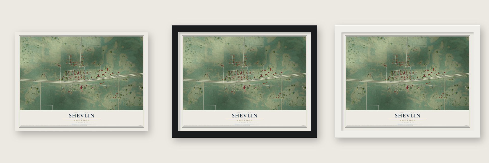 Shevlin, Minnesota map unframed, in a black wood frame and in a white wood frame