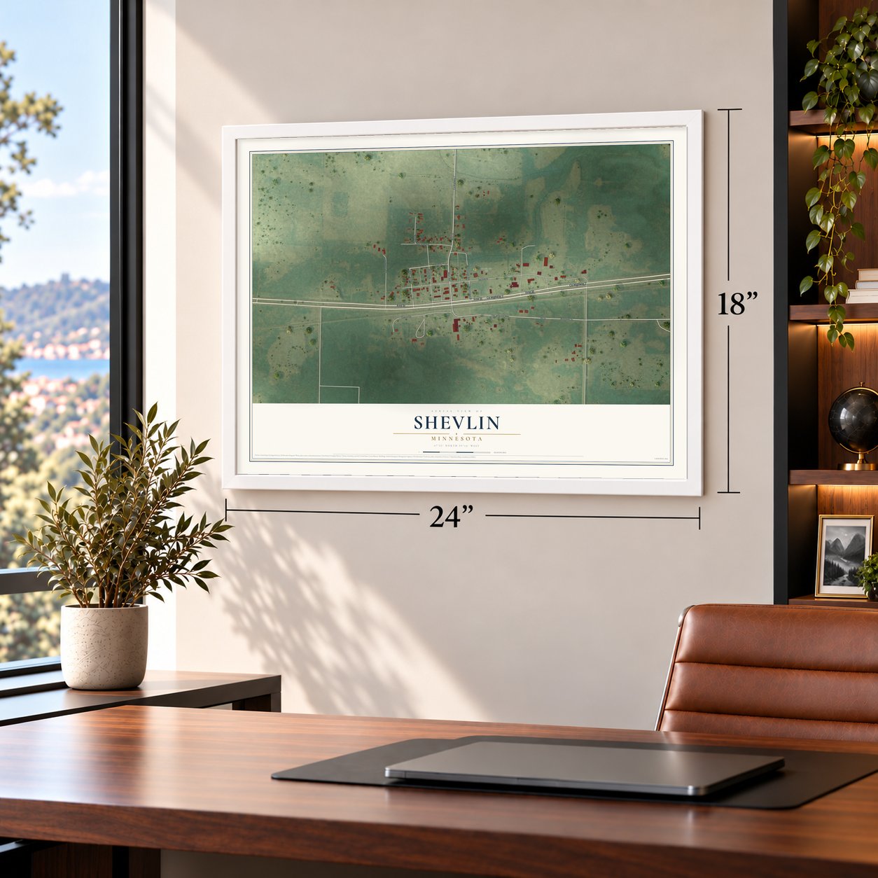 Shevlin, Minnesota map, 18 x 24 inch print in a white frame in a home office