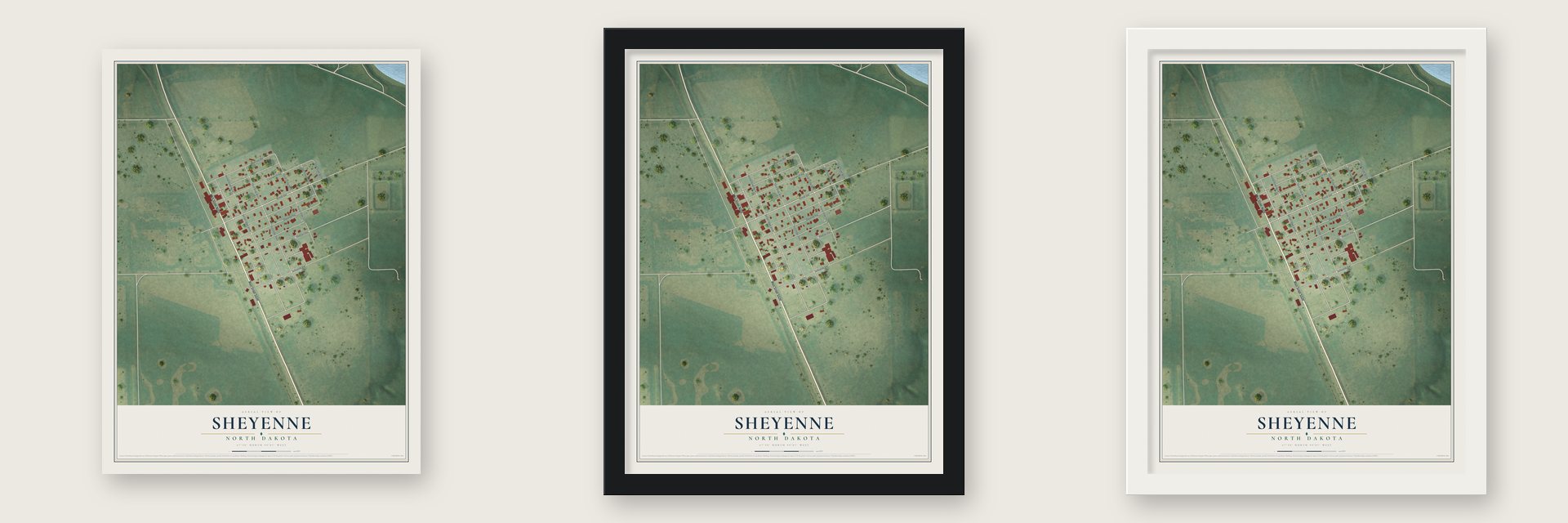 Sheyenne, North Dakota map unframed, in a black wood frame and in a white wood frame