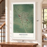 Sheyenne, North Dakota map, 24 x 36 inch print in a white frame by a staircase