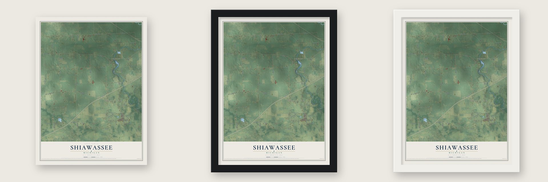 Shiawassee, Michigan map unframed, in a black wood frame and in a white wood frame