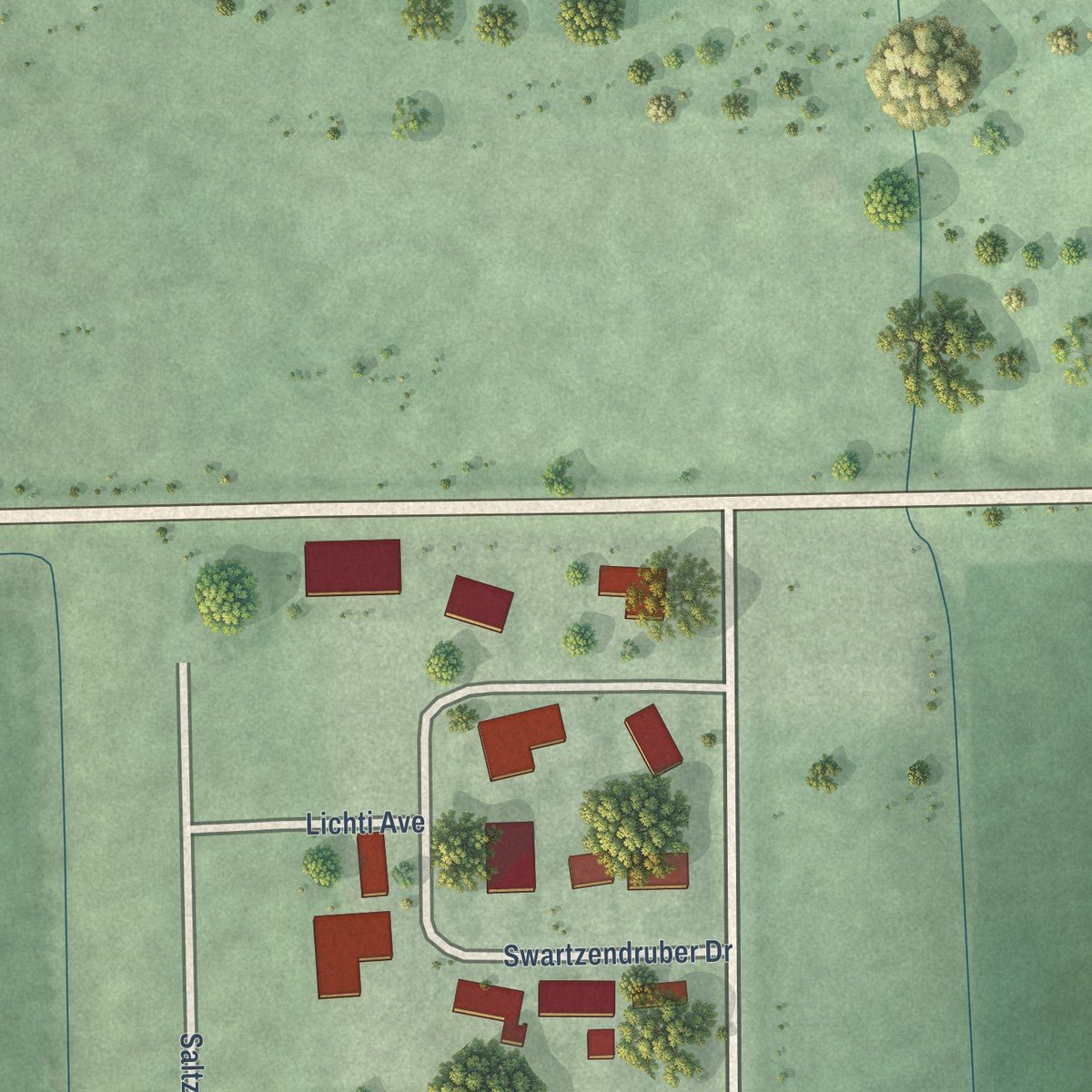 Second close-up of the map of Shickley, Nebraska print showing more streets and buildings