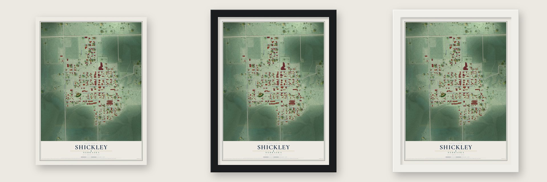 Shickley, Nebraska map unframed, in a black wood frame and in a white wood frame