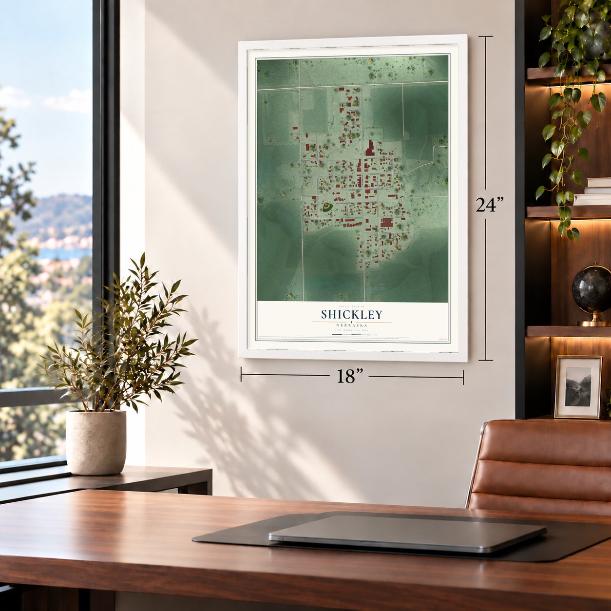 Shickley, Nebraska map, 18 x 24 inch print in a white frame in a home office