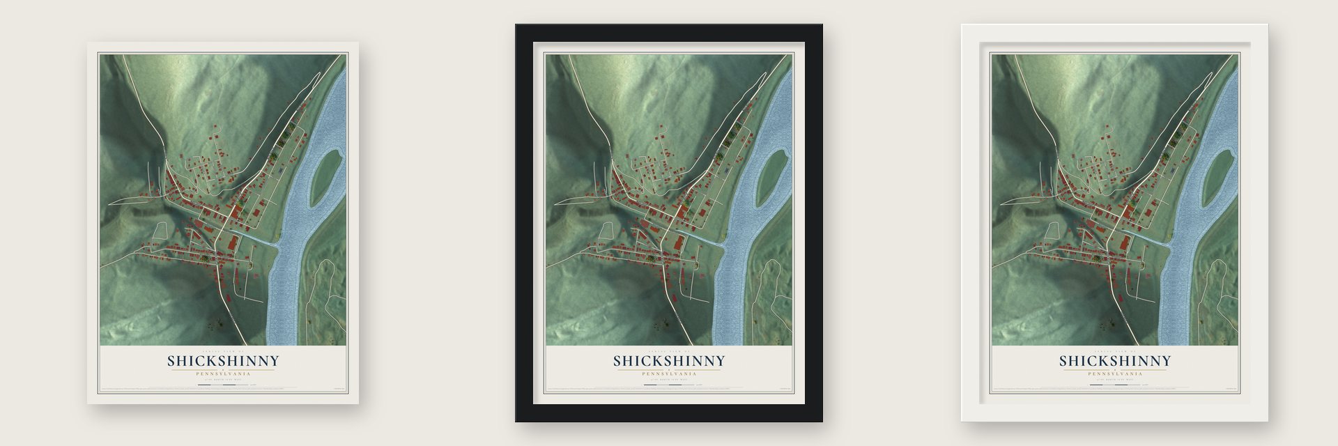 Shickshinny, Pennsylvania map unframed, in a black wood frame and in a white wood frame