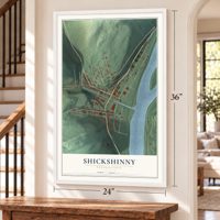 Shickshinny, Pennsylvania map, 24 x 36 inch print in a white frame by a staircase