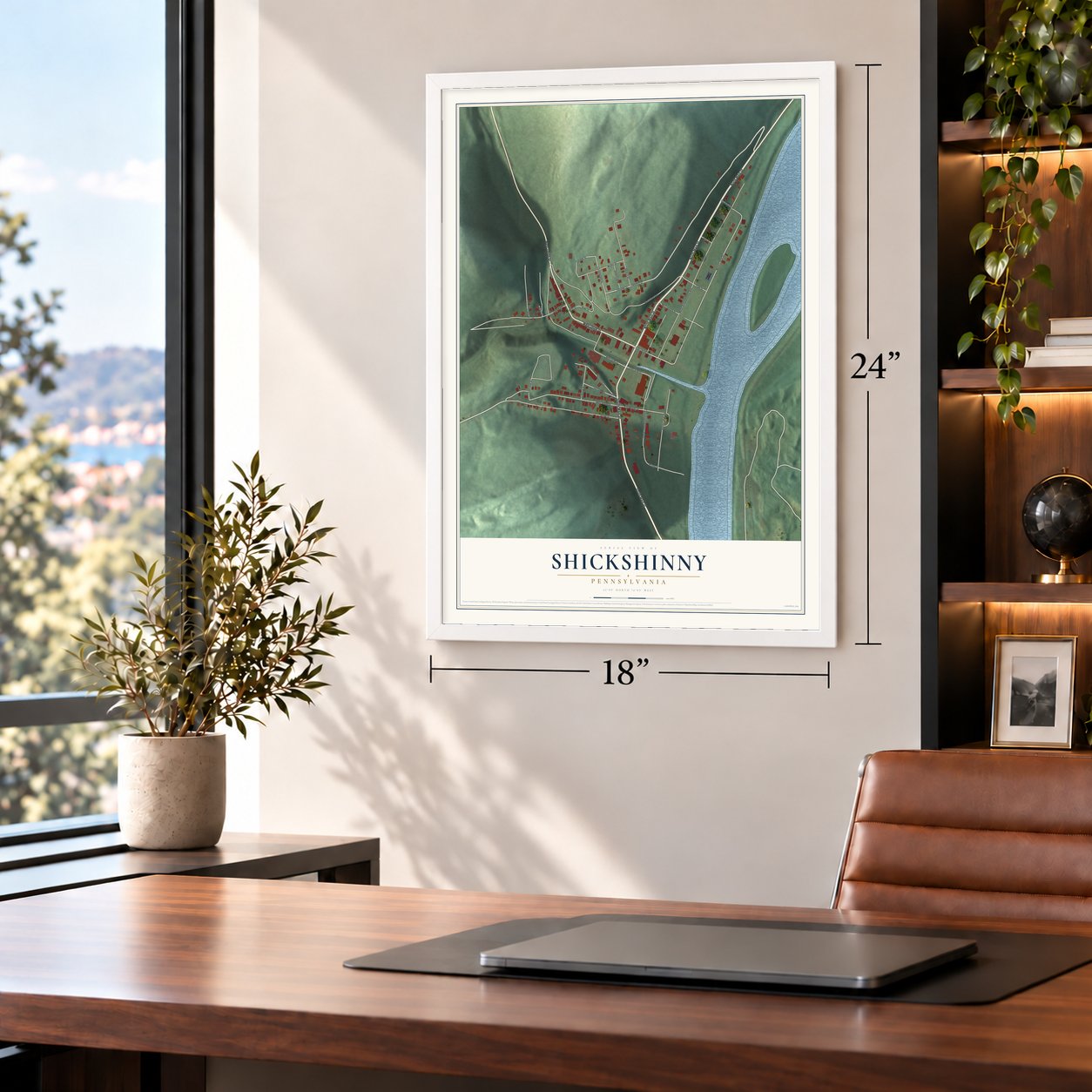 Shickshinny, Pennsylvania map, 18 x 24 inch print in a white frame in a home office