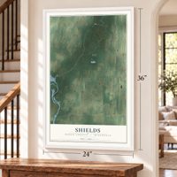 Shields, Dodge County, Wisconsin map, 24 x 36 inch print in a white frame by a staircase