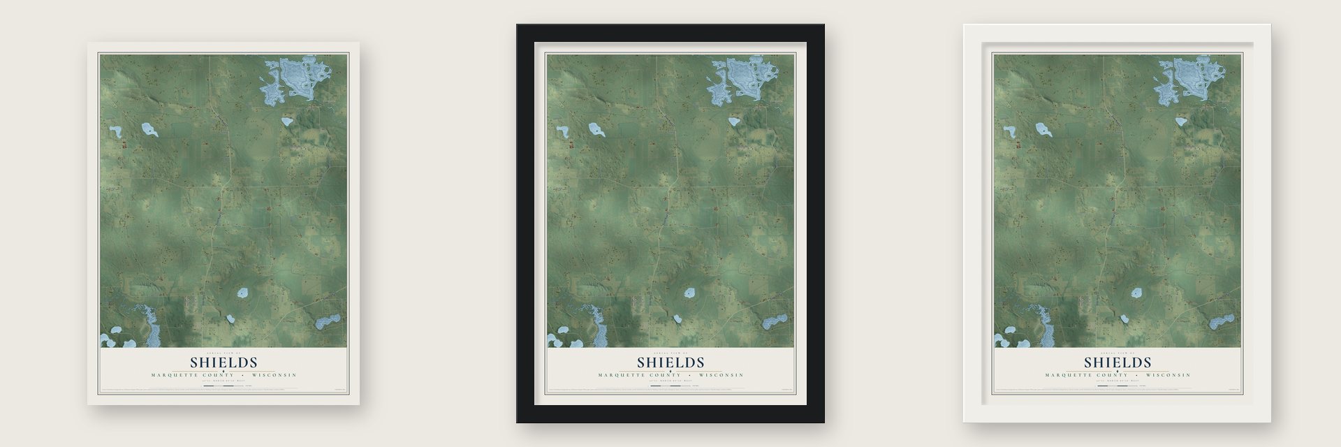 Shields, Marquette County, Wisconsin map unframed, in a black wood frame and in a white wood frame