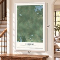 Shields, Marquette County, Wisconsin map, 24 x 36 inch print in a white frame by a staircase