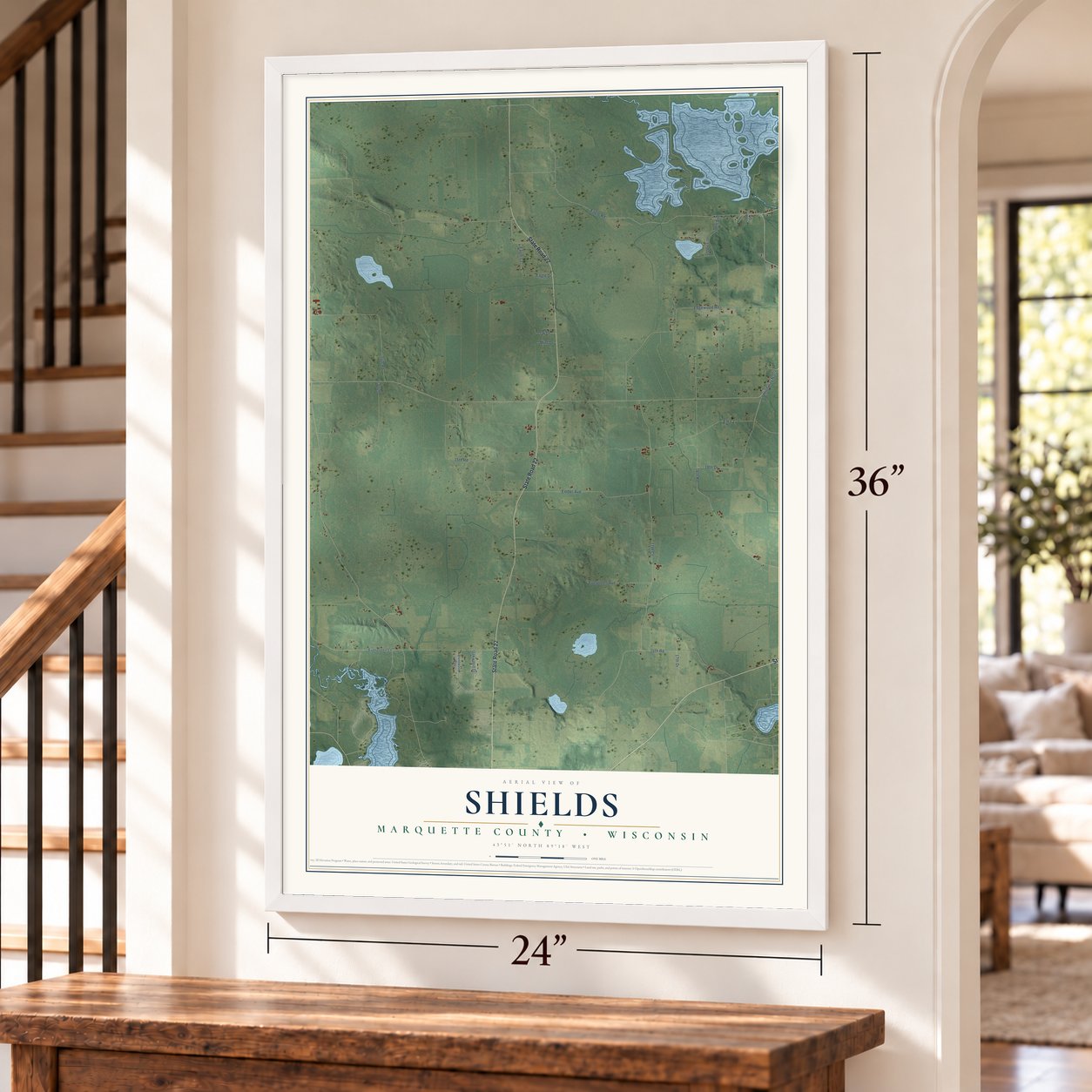 Shields, Marquette County, Wisconsin map, 24 x 36 inch print in a white frame by a staircase