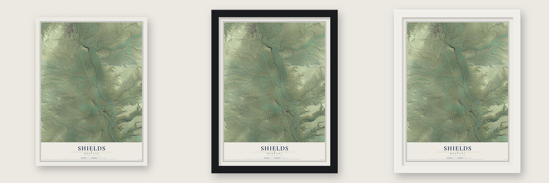 Shields, Montana map unframed, in a black wood frame and in a white wood frame