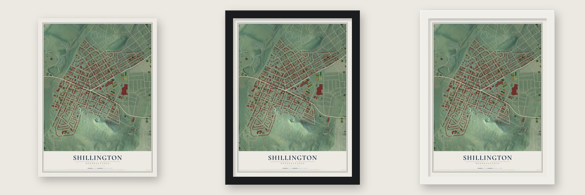 Shillington, Pennsylvania map unframed, in a black wood frame and in a white wood frame