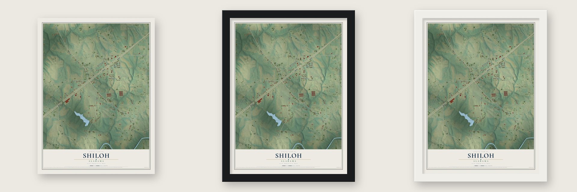 Shiloh, Alabama map unframed, in a black wood frame and in a white wood frame