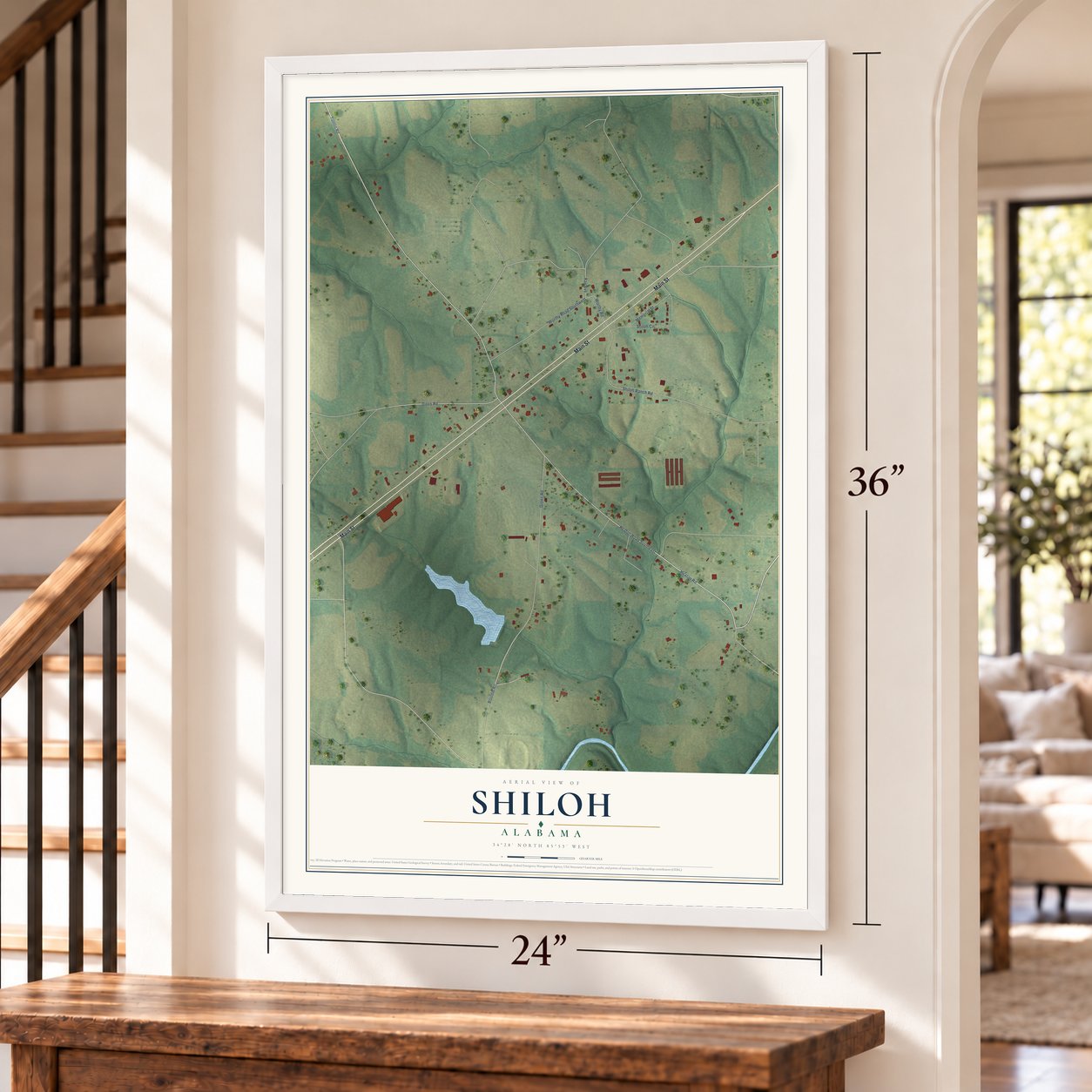 Shiloh, Alabama map, 24 x 36 inch print in a white frame by a staircase