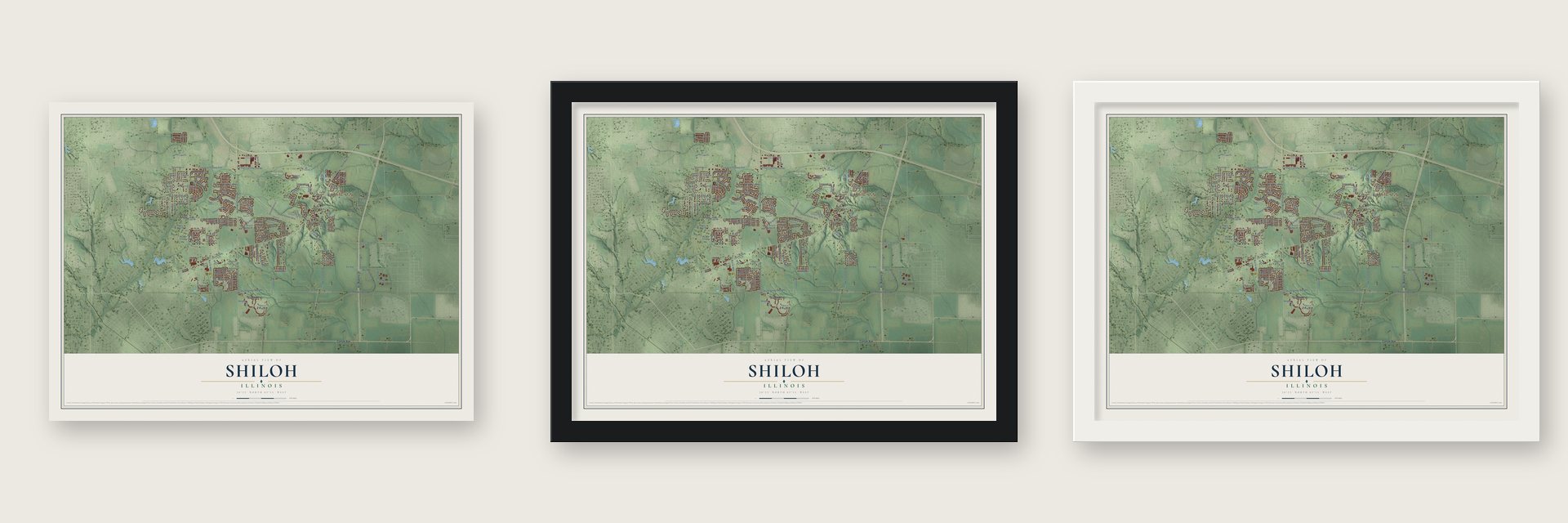 Shiloh, Illinois map unframed, in a black wood frame and in a white wood frame