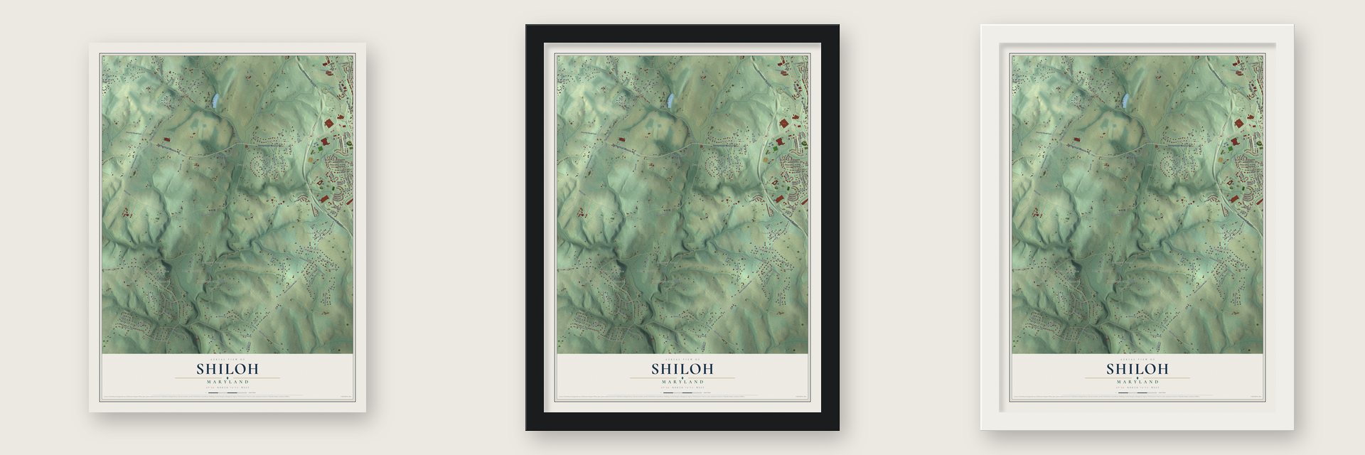 Shiloh, Maryland map unframed, in a black wood frame and in a white wood frame
