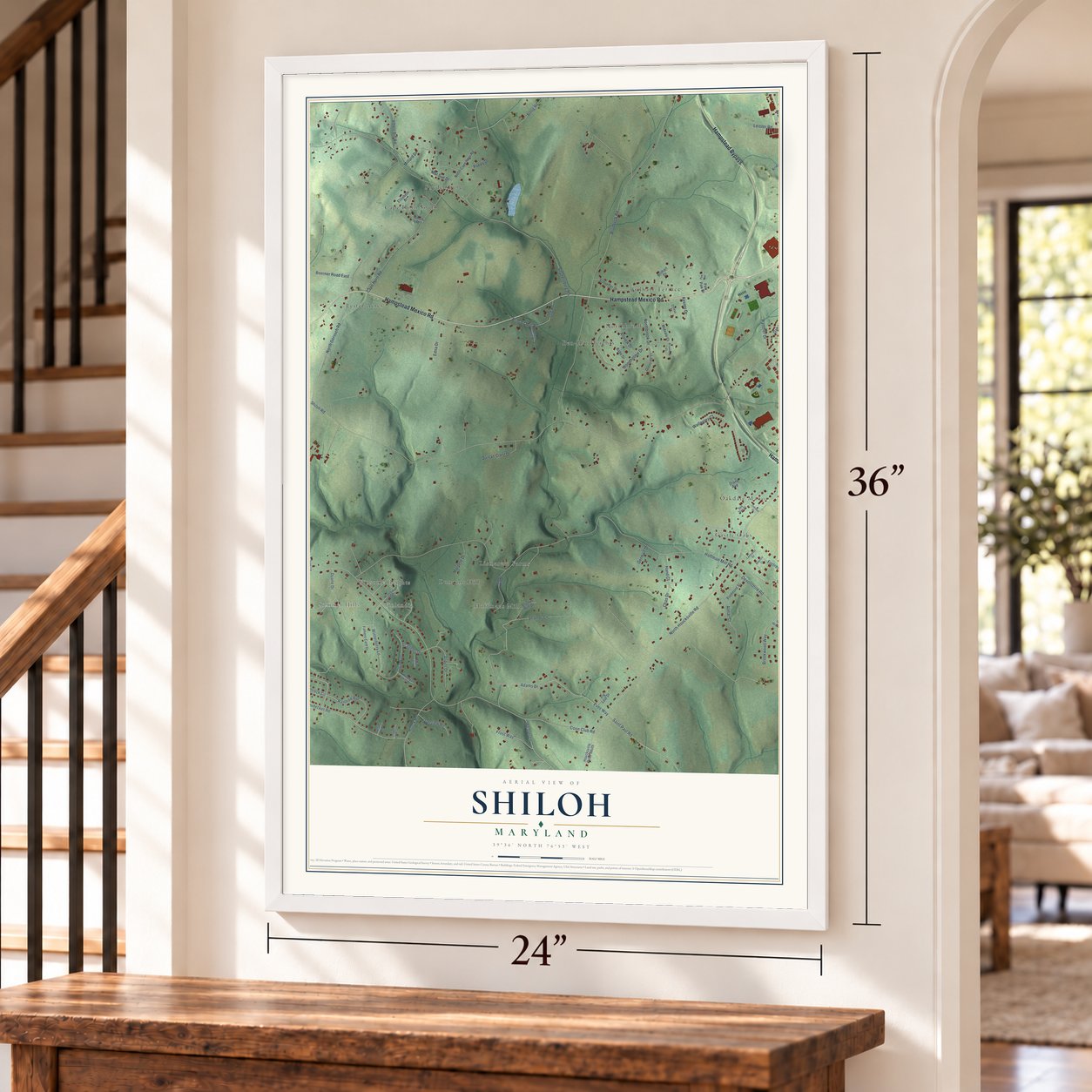 Shiloh, Maryland map, 24 x 36 inch print in a white frame by a staircase