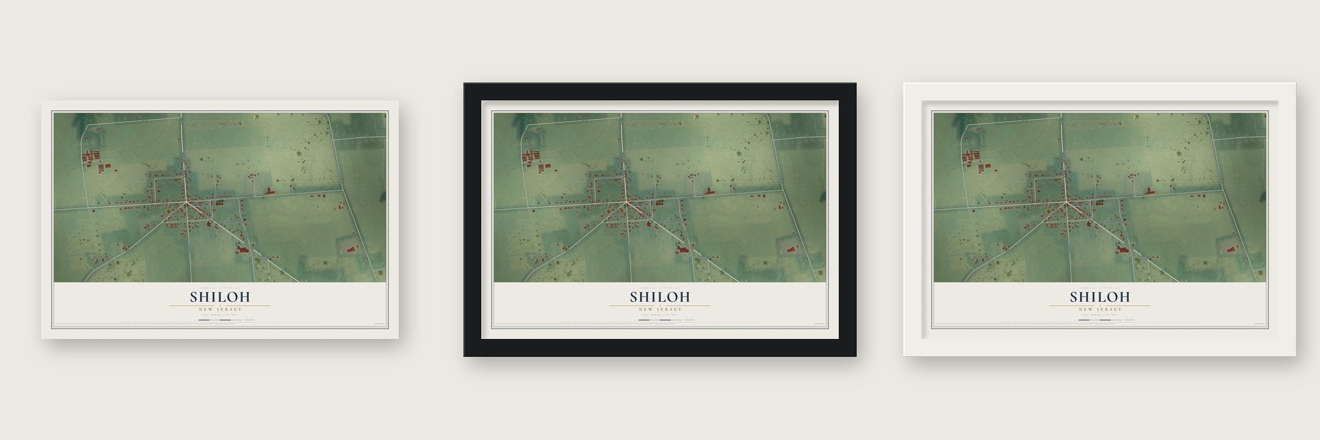 Shiloh, New Jersey map unframed, in a black wood frame and in a white wood frame