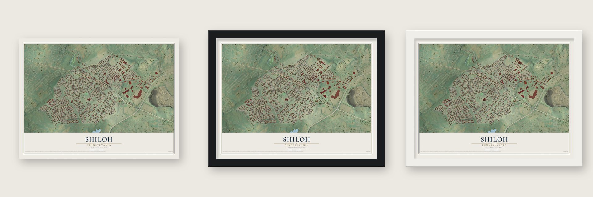 Shiloh, Pennsylvania map unframed, in a black wood frame and in a white wood frame