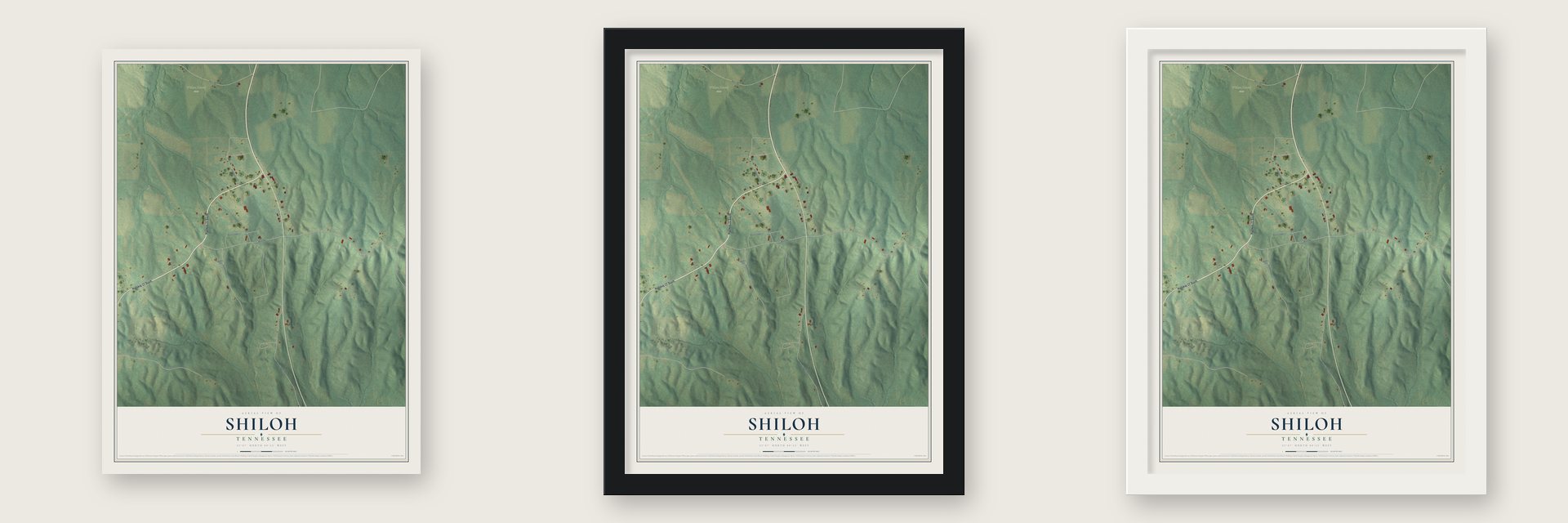 Shiloh, Tennessee map unframed, in a black wood frame and in a white wood frame