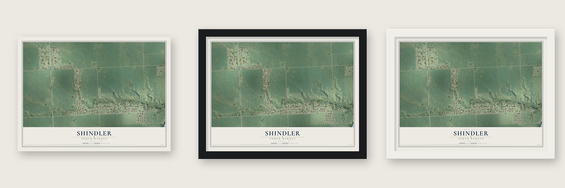 Shindler, South Dakota map unframed, in a black wood frame and in a white wood frame