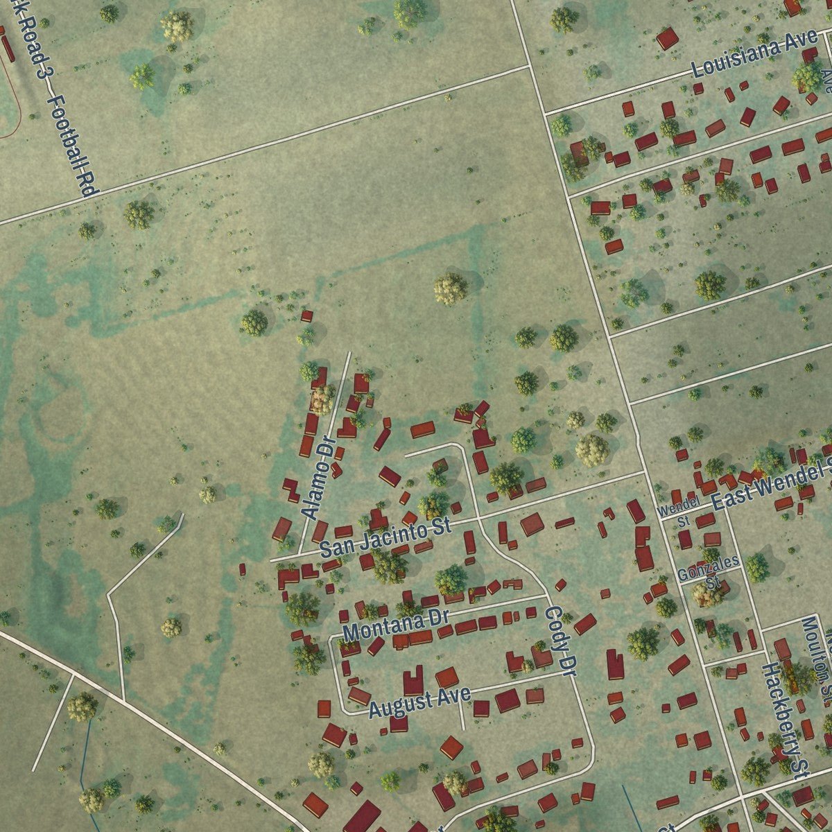 Second close-up of the map of Shiner, Texas print showing more streets and buildings