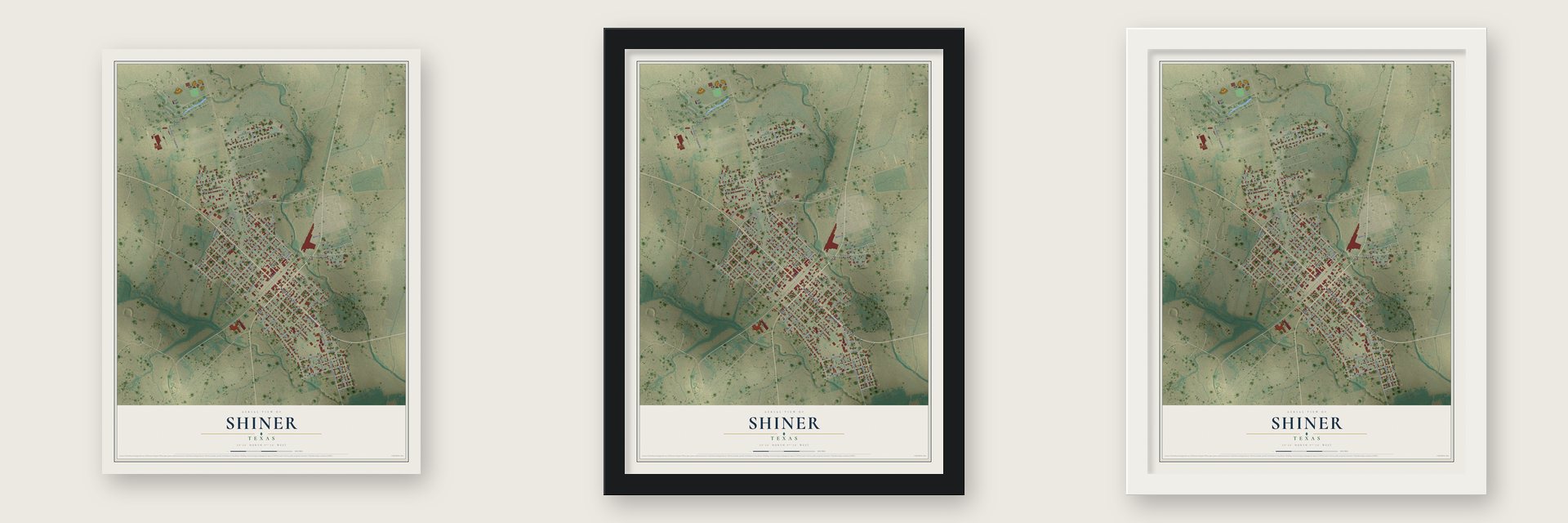Shiner, Texas map unframed, in a black wood frame and in a white wood frame