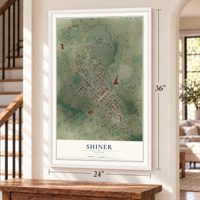 Shiner, Texas map, 24 x 36 inch print in a white frame by a staircase