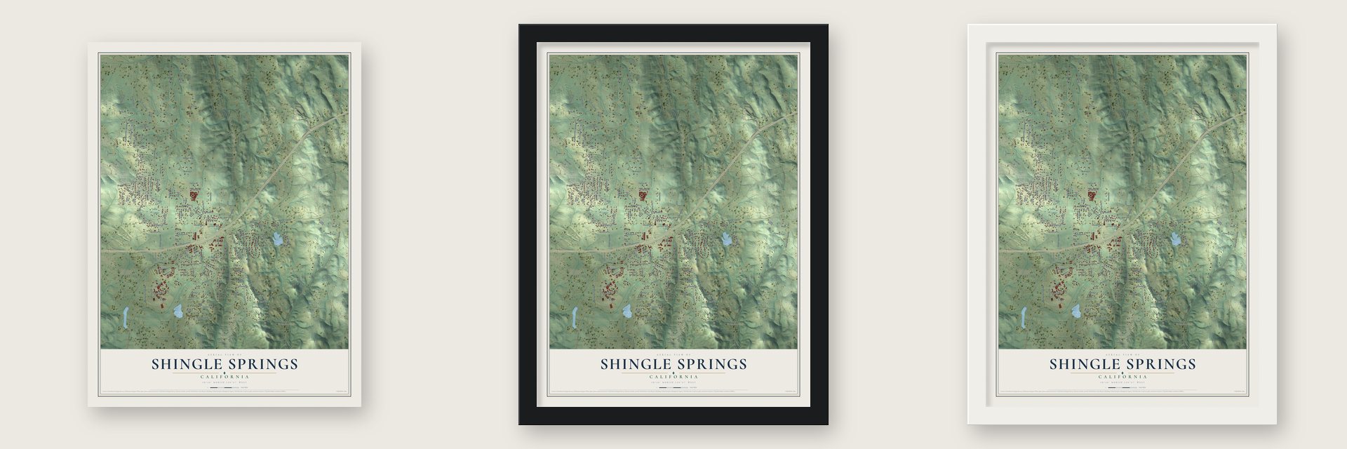 Shingle Springs, California map unframed, in a black wood frame and in a white wood frame