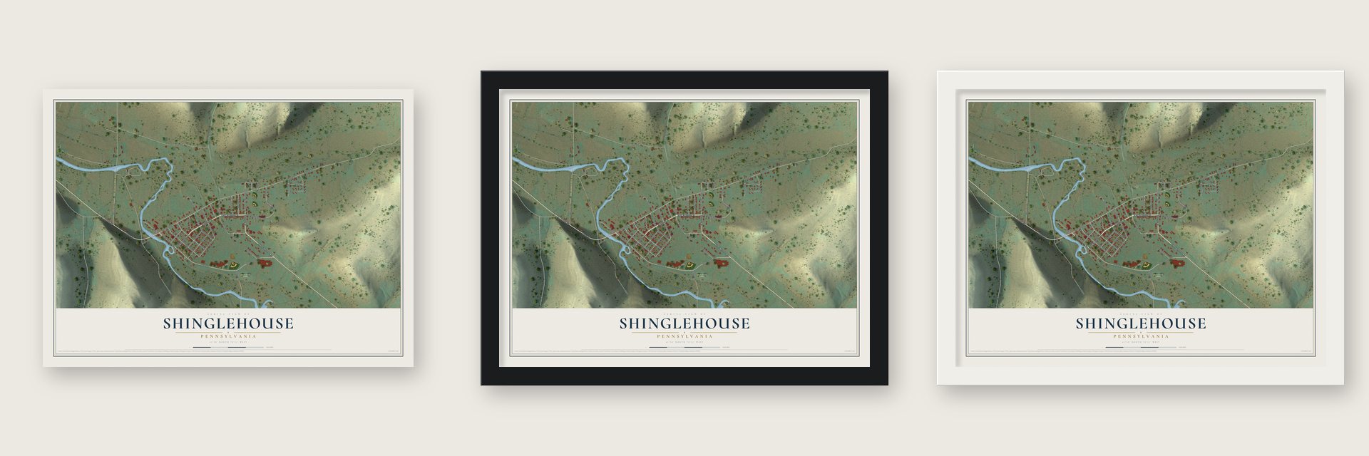 Shinglehouse, Pennsylvania map unframed, in a black wood frame and in a white wood frame