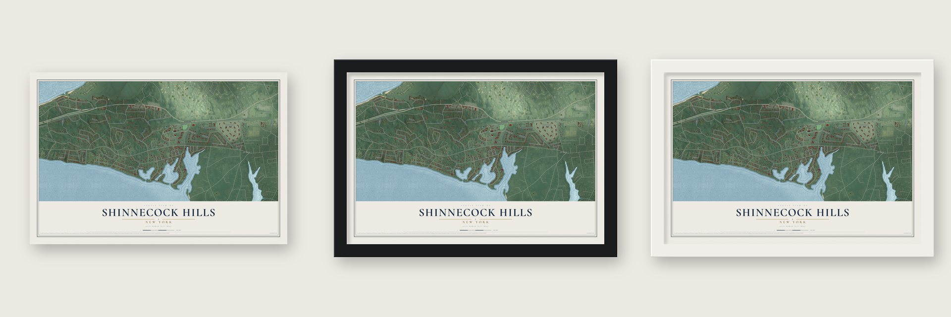 Shinnecock Hills, New York map unframed, in a black wood frame and in a white wood frame