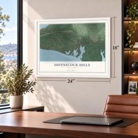 Shinnecock Hills, New York map, 18 x 24 inch print in a white frame in a home office