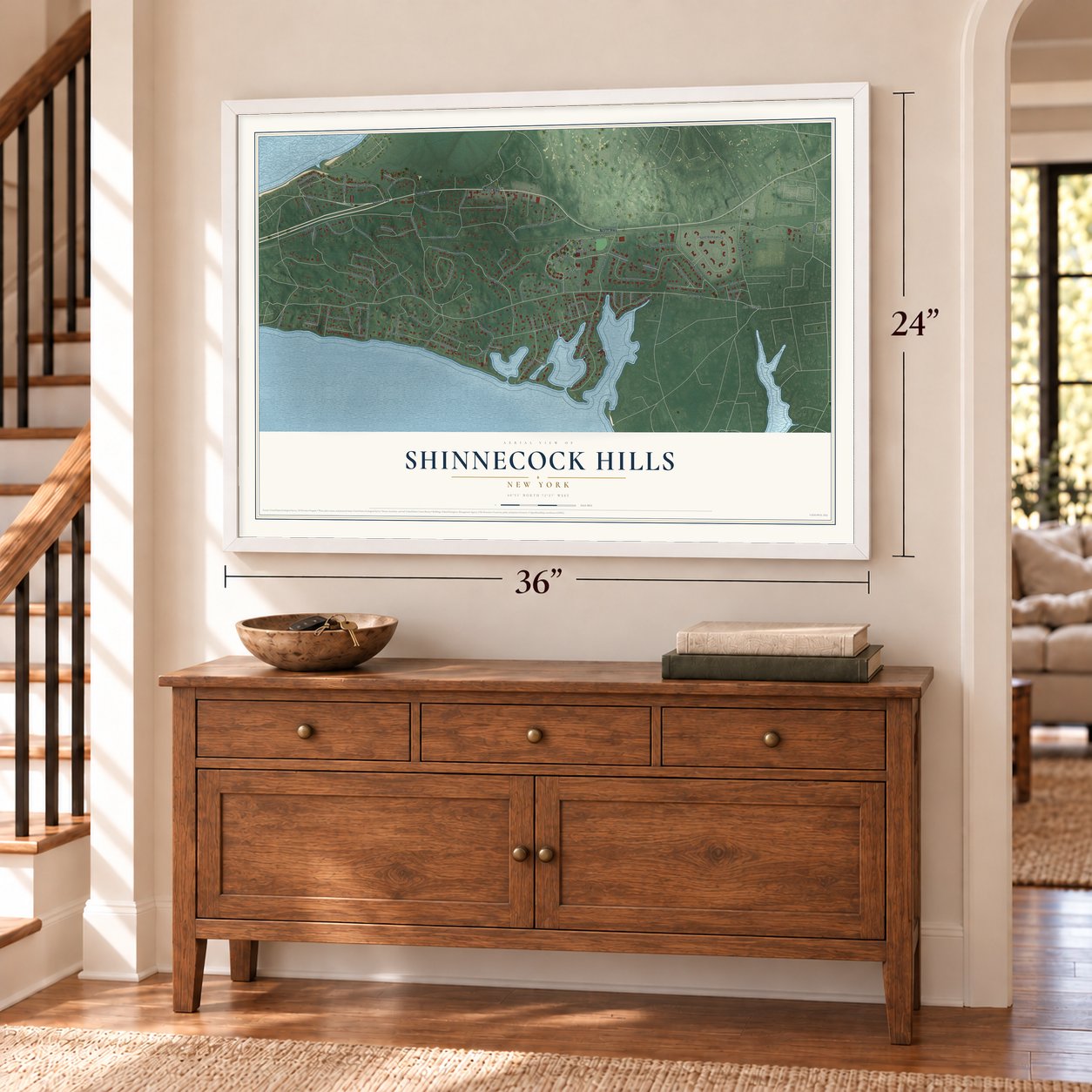 Shinnecock Hills, New York map, 24 x 36 inch print in a white frame above a dresser by a staircase