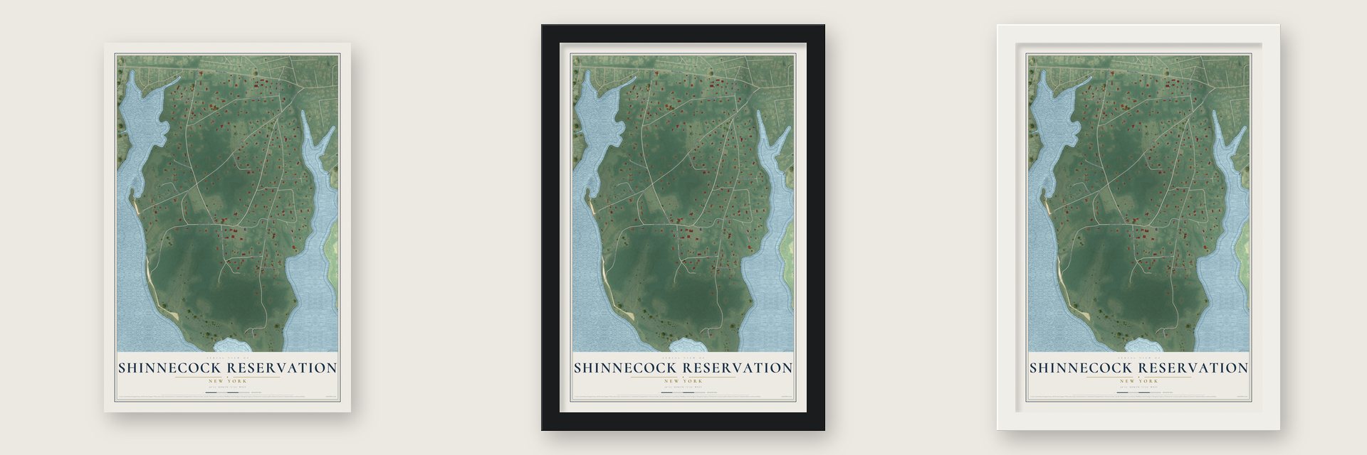 Shinnecock Reservation, New York map unframed, in a black wood frame and in a white wood frame