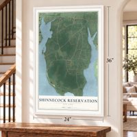 Shinnecock Reservation, New York map, 24 x 36 inch print in a white frame by a staircase
