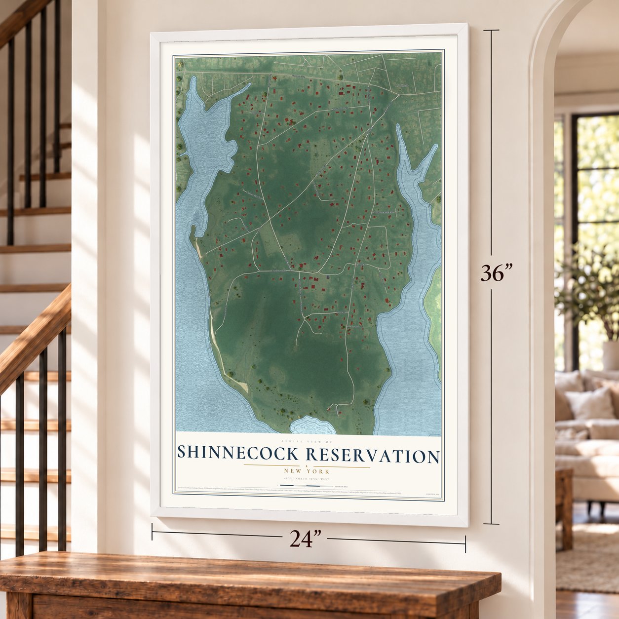 Shinnecock Reservation, New York map, 24 x 36 inch print in a white frame by a staircase