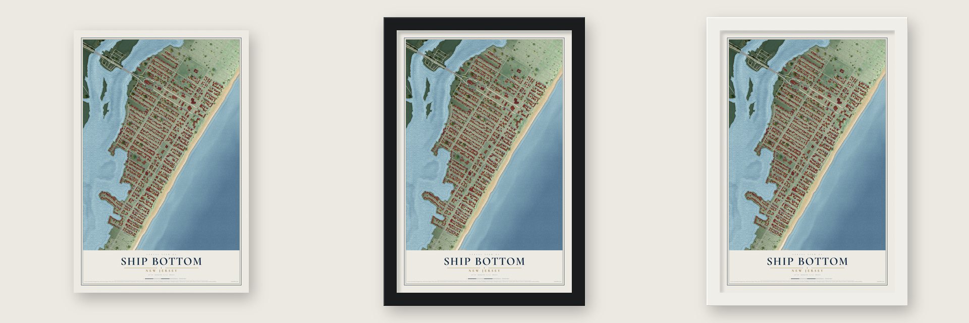 Ship Bottom, New Jersey map unframed, in a black wood frame and in a white wood frame