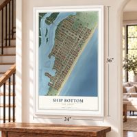 Ship Bottom, New Jersey map, 24 x 36 inch print in a white frame by a staircase