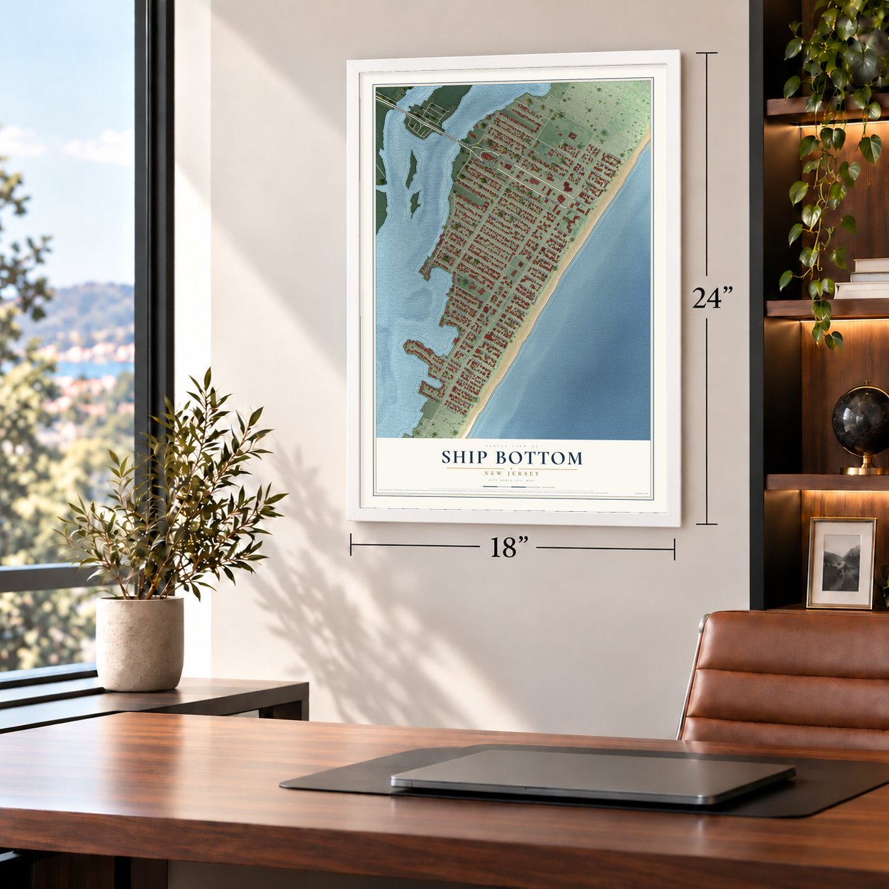 Ship Bottom, New Jersey map, 18 x 24 inch print in a white frame in a home office