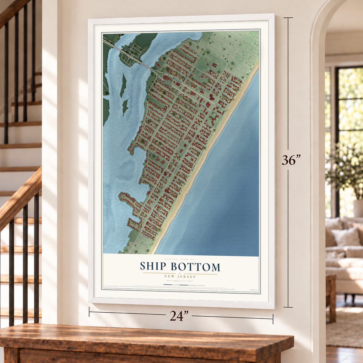 Ship Bottom, New Jersey map, 24 x 36 inch print in a white frame by a staircase